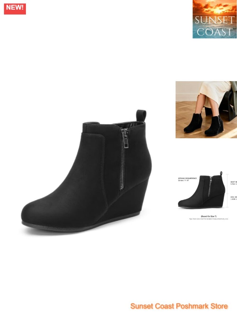 Women's Suede Ankle Boots Low Wedge Heel Side Zipper Booties